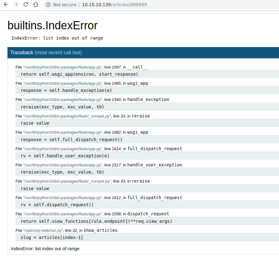 A browser window showing an error message with a stack trace in Python