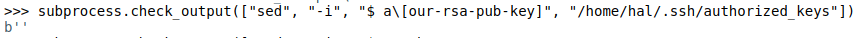 A python console executing a command to insert a public key into the authorized_keys file
