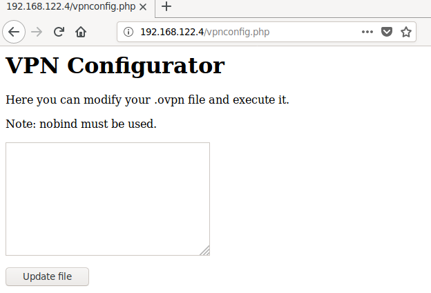 A web browser page with the title VPN Configurator with a writeable text field and a button saying Update file